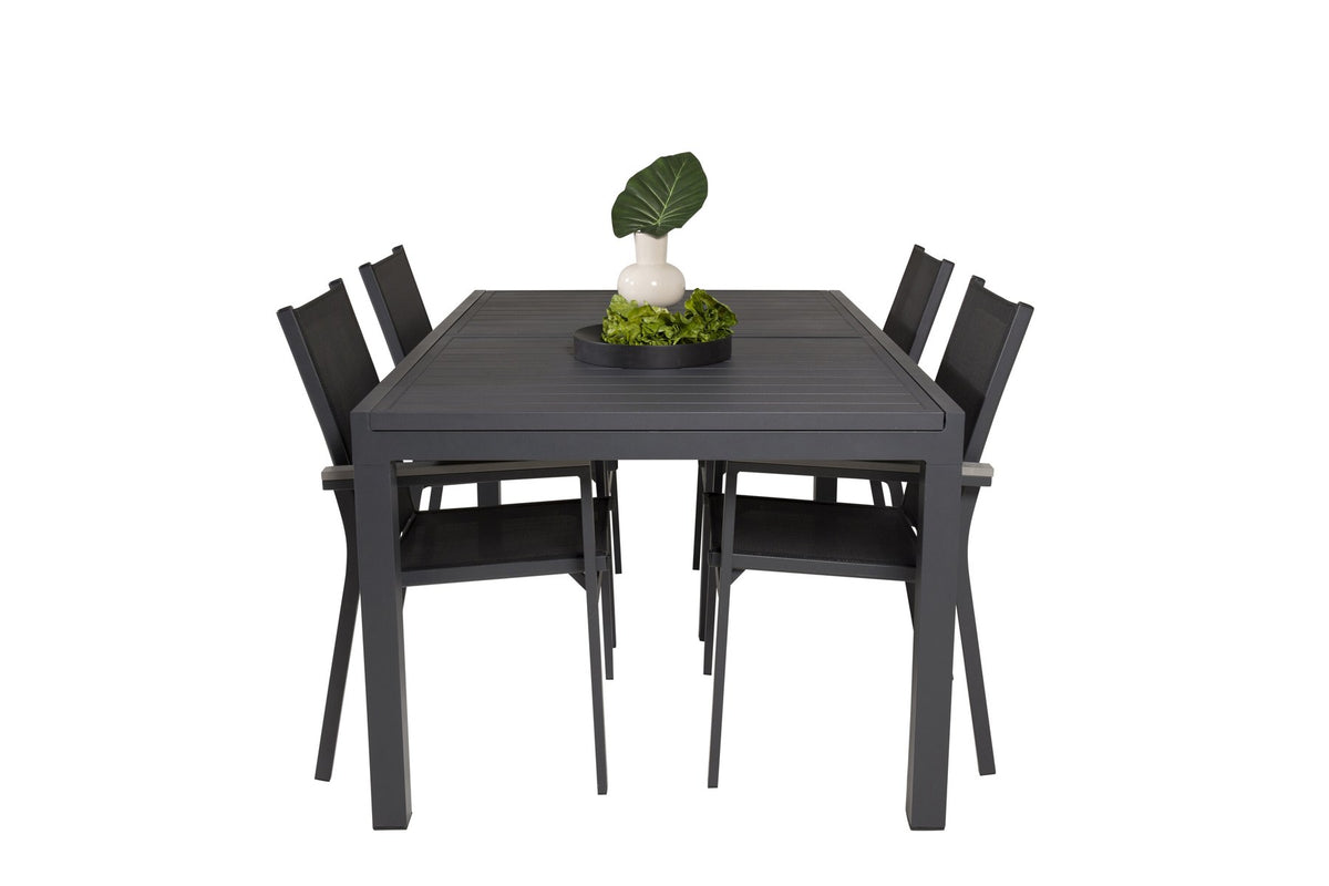 Schwarzes Gartentischset aus Aluminium: ausziehbarer Marbella Tisch mit stapelbaren Parma Armstühlen, pulverbeschichtete Oberfläche.