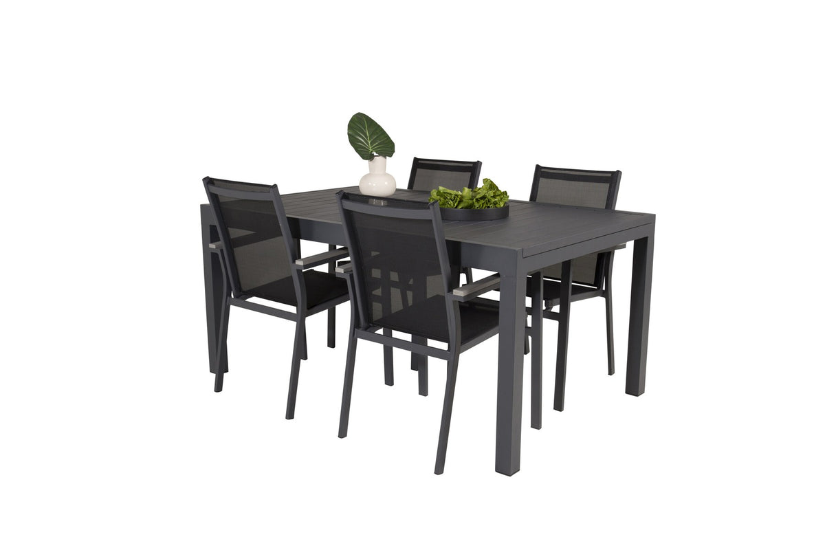 Schwarzes Gartentischset aus Aluminium: ausziehbarer Marbella Tisch mit stapelbaren Parma Armstühlen, pulverbeschichtete Oberfläche.