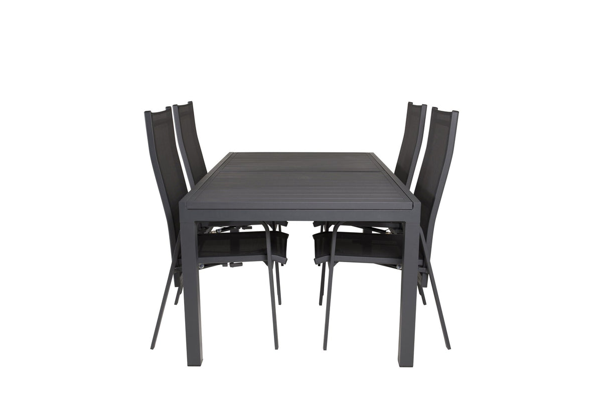 Schwarzes Aluminium-Gartentischset Marbella mit ausziehbarer Tischplatte und acht pulverbeschichteten Copacabana-Stühlen im Outdoor-Bereich