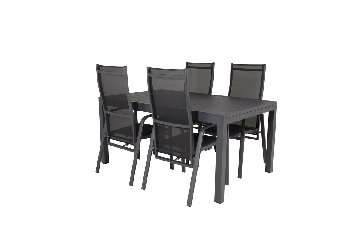Schwarzes Aluminium-Gartentischset Marbella mit ausziehbarer Tischplatte und acht pulverbeschichteten Copacabana-Stühlen im Outdoor-Bereich