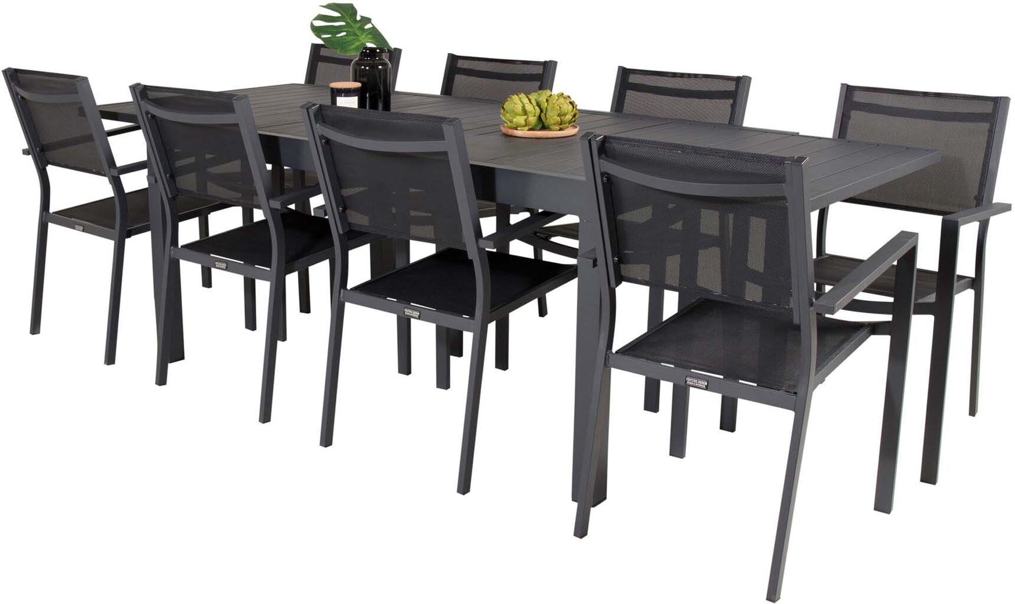 Marbella Outdoor-Tischset ausziehbar + Copacabana Stacking 240cm/8St. in Schwarz präsentiert im Onlineshop von KAQTU Design AG. Gartentischset ist von Venture Home