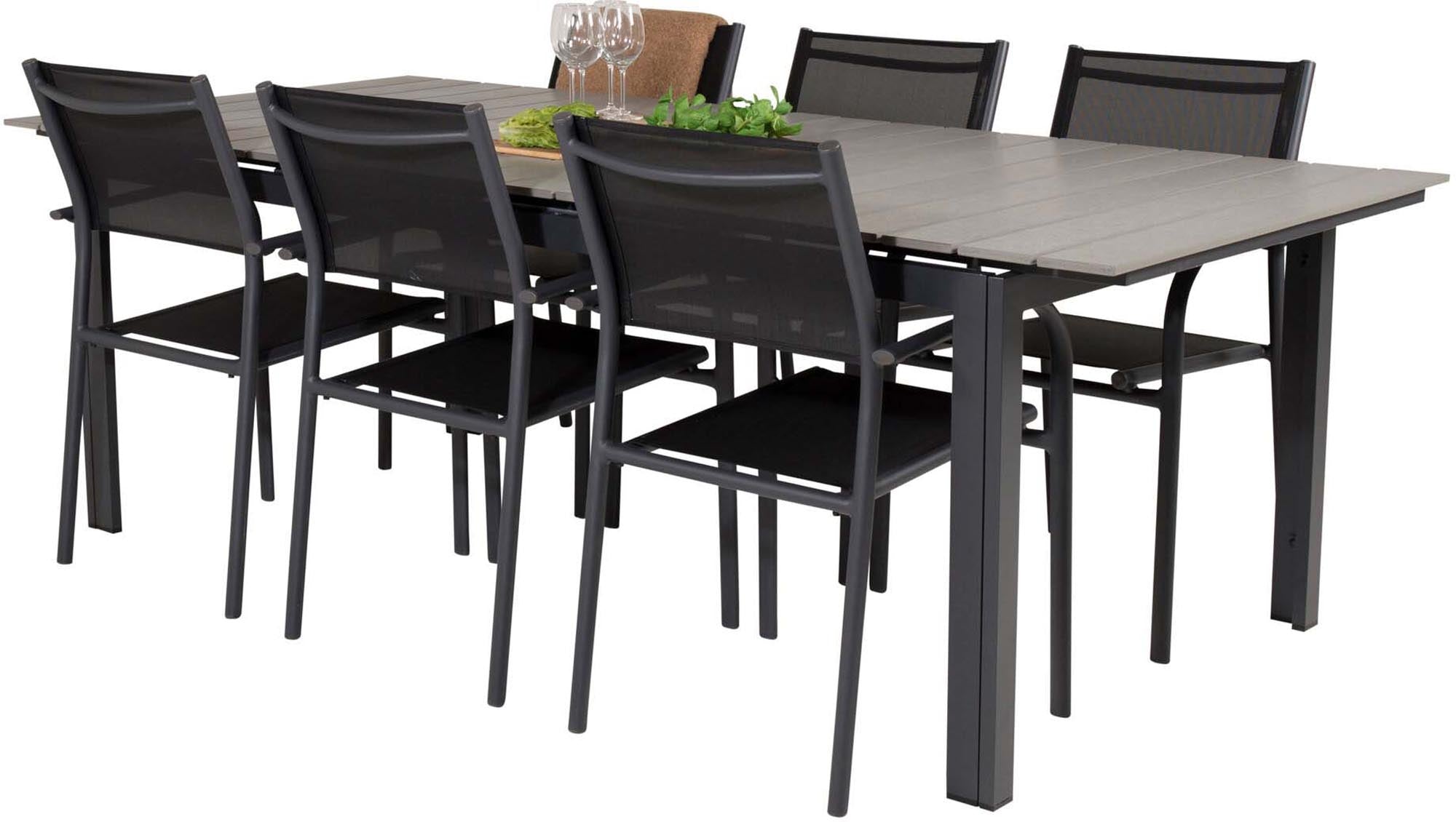 Levels Outdoor-Tischset + Santorini 224cm/6St. in Schwarz präsentiert im Onlineshop von KAQTU Design AG. Gartentischset ist von Venture Home