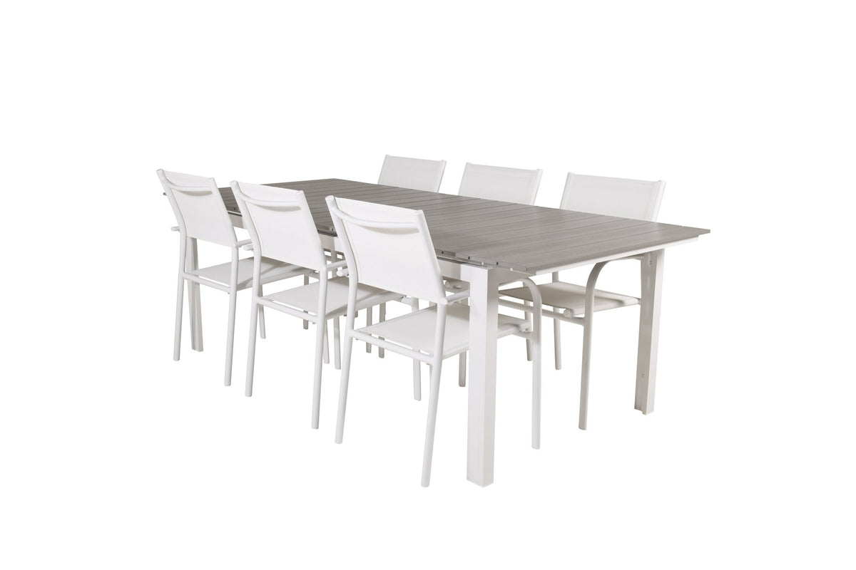 Weisses Gartentischset Levels & Santorini von Venture Home: rechteckiger Esstisch aus Aluminium und Aintwood mit stapelbaren Stühlen in Weiss.