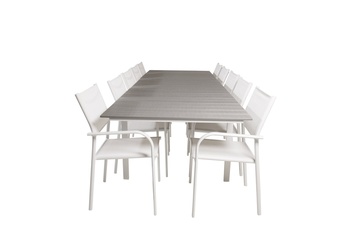Weisses Gartentischset Levels & Santorini von Venture Home: rechteckiger Esstisch aus Aluminium und Aintwood mit stapelbaren Stühlen in Weiss.