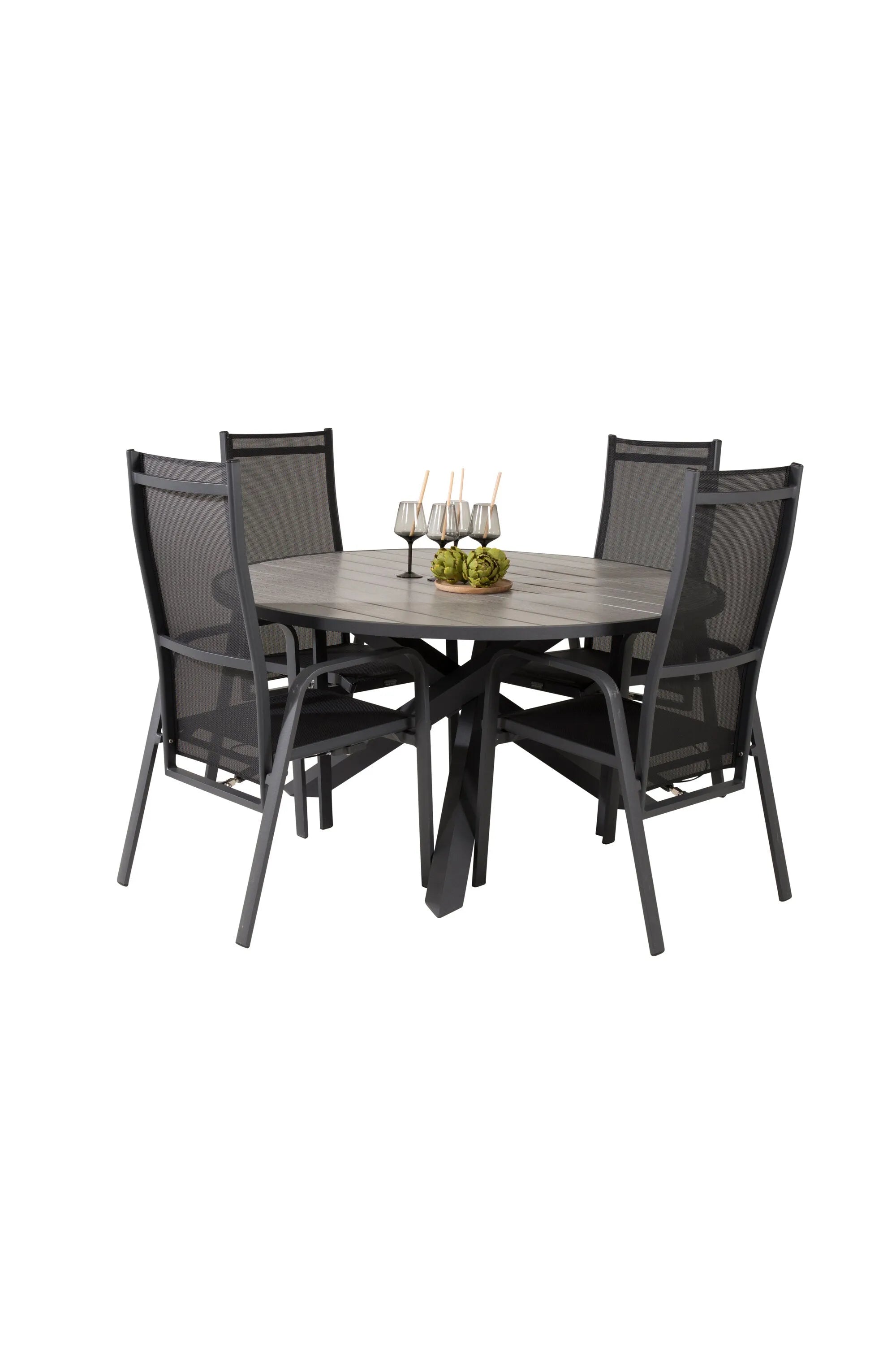 Elegantes Parma Tischset: Runde Form, Aintwood-Tisch, graue Seilstühle – ideal für stilvolle Outdoor-Momente.