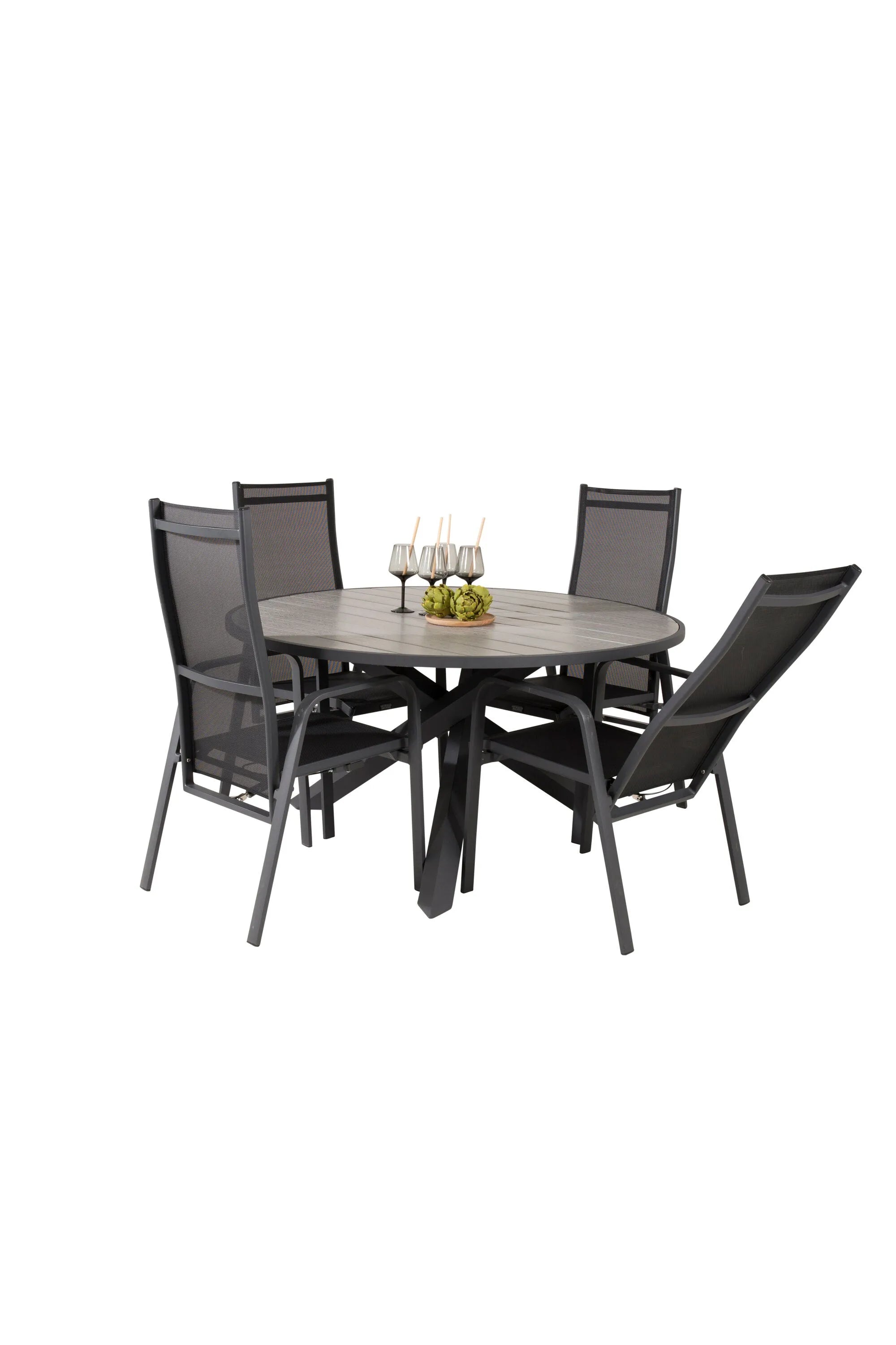 Elegantes Parma Tischset: Runde Form, Aintwood-Tisch, graue Seilstühle – ideal für stilvolle Outdoor-Momente.