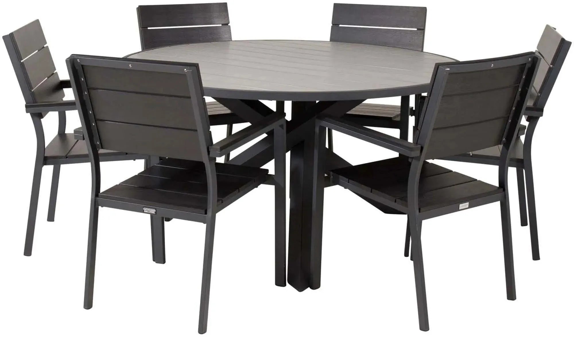 Stilvolles Parma Outdoor-Tischset ⌀140cm für 6 Personen, robust aus Aintwood, mit modernen Levels-Holzstühlen. Perfekt für Garten & Terrasse.