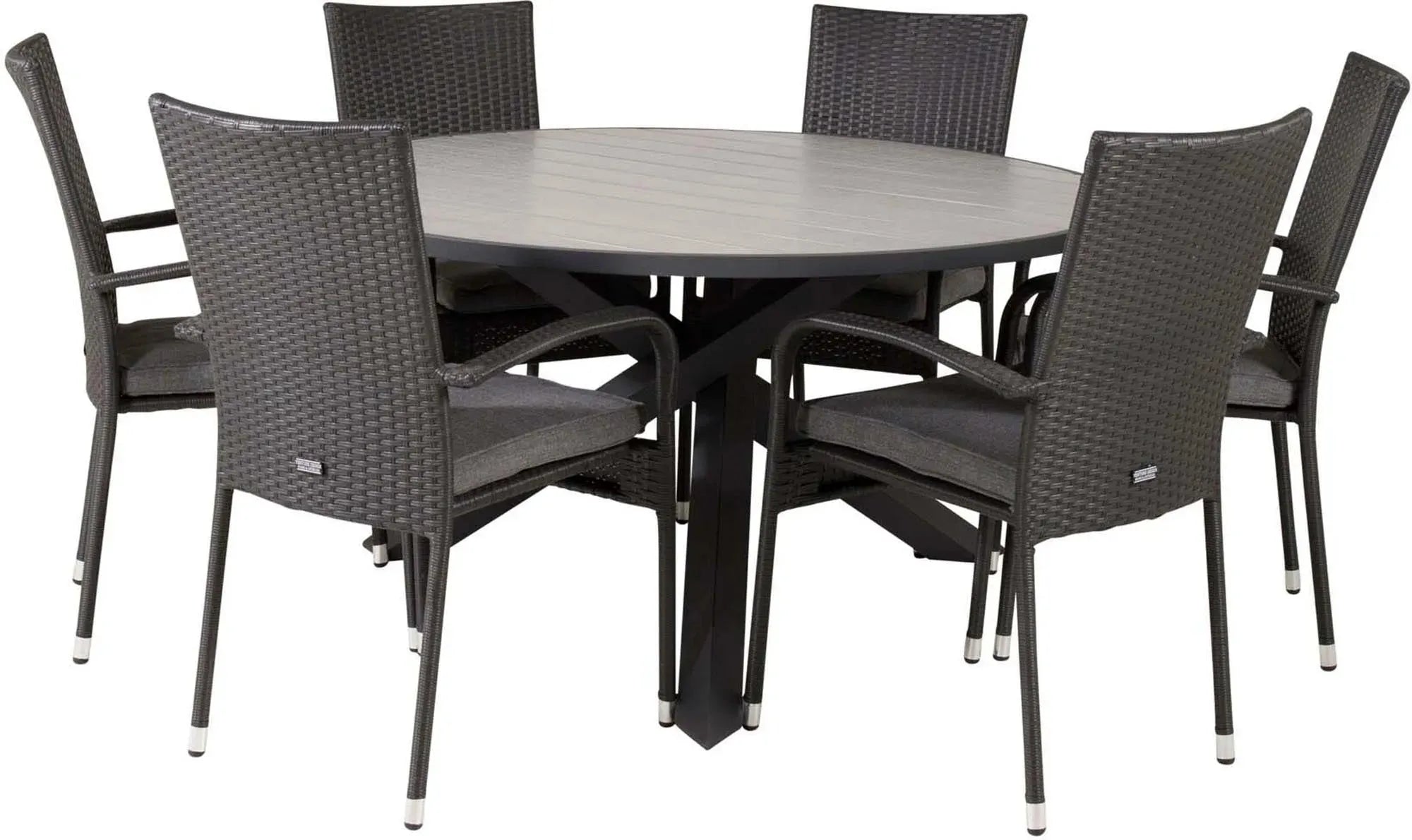 Stilvolles Parma Outdoor-Tischset ⌀140cm für 6 Personen. Ergonomische Anna-Stühle, langlebig und pflegeleicht. Perfekt für gesellige Abende.