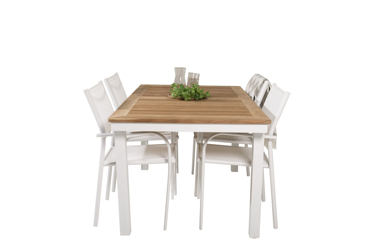Weisses Gartentischset Santorini & Panama von Venture Home: zwei Stühle aus Aluminium und rechteckiger Tisch mit Teak-Tischplatte.