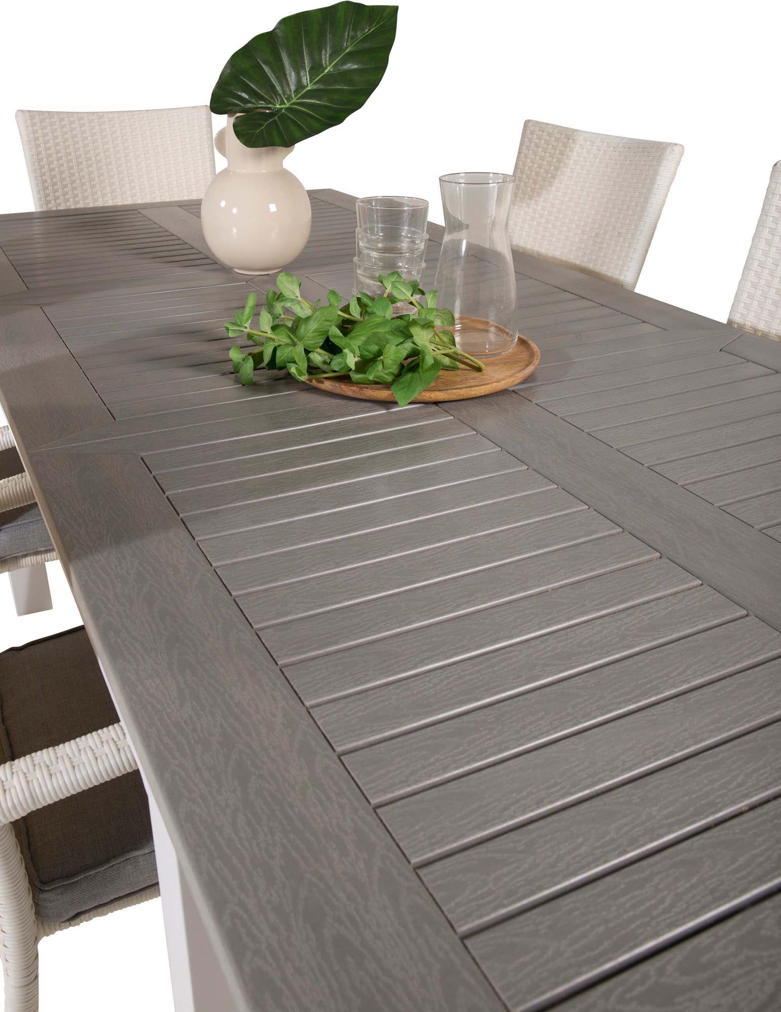 Stylisches Albany Gartentischset: Ausziehbarer Tisch für 6 Personen und elegante Anna Stühle, ideal für jeden Außenbereich.