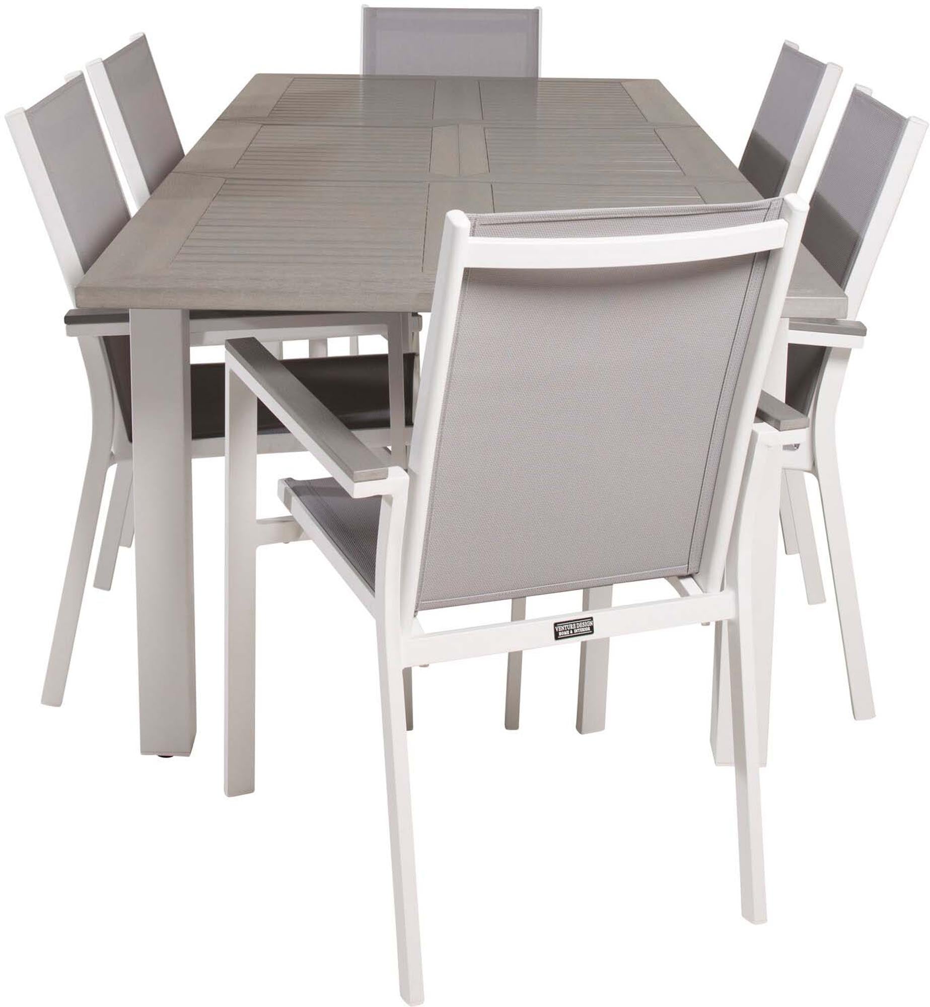 Elegantes Albany Outdoor-Tischset von Venture Home: Ausziehbarer Tisch & 6 Parma-Stühle, wetterfest & stilvoll für Ihren Garten.