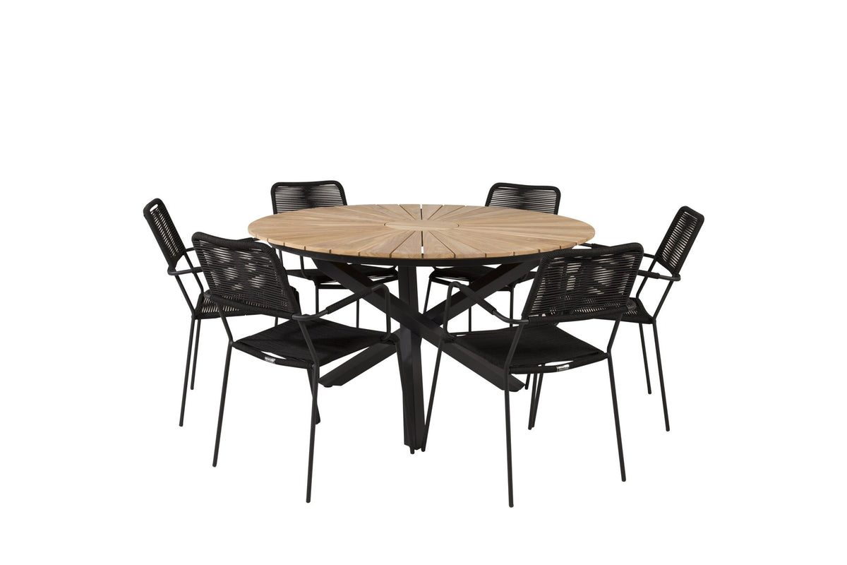 Rundes Gartentischset aus Teakholz und Aluminium: schwarzer Esstisch ⌀140 cm mit zwei Stühlen mit schwarz geflochtener Seilsitzfläche.