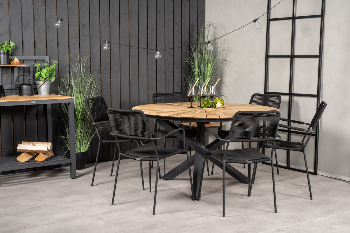 Rundes Gartentischset aus Teakholz und Aluminium: schwarzer Esstisch ⌀140 cm mit zwei Stühlen mit schwarz geflochtener Seilsitzfläche.