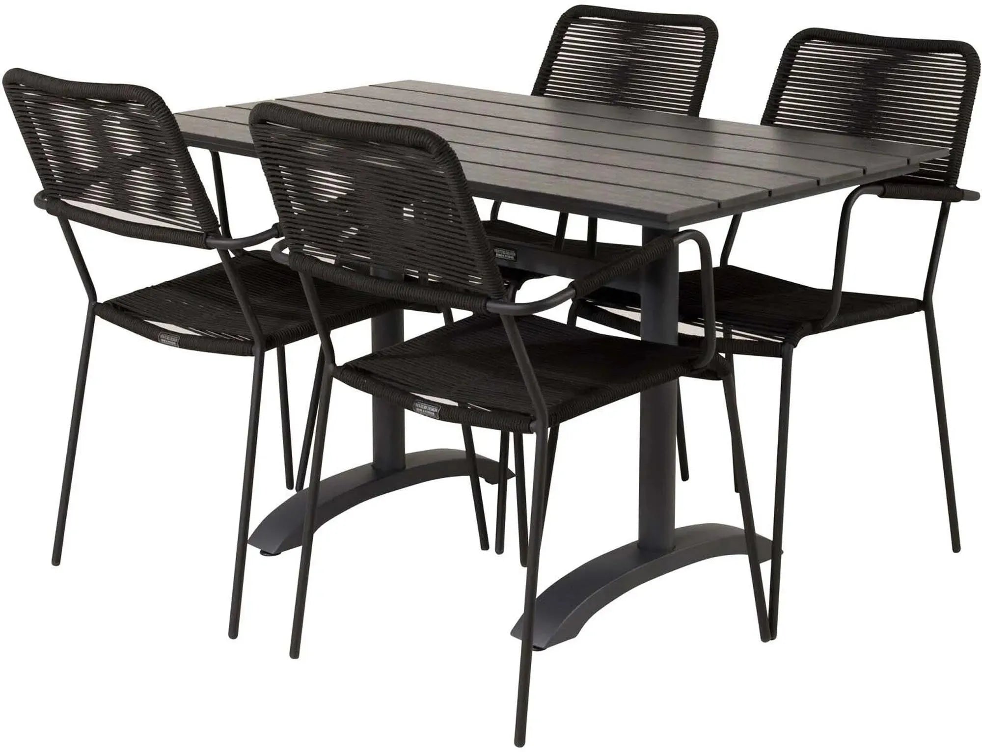 Stilvolles Denver Tischset mit 4 Lindos Armstühlen für draußen.