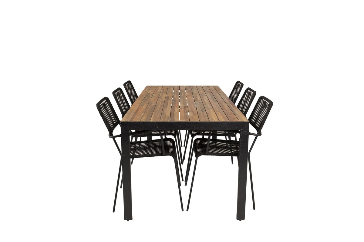 Gartentischset mit Tisch aus Akazienholz und Stahlbeinen sowie stapelbaren Stühlen mit pulverbeschichteter Oberfläche in Schwarz und Holz.