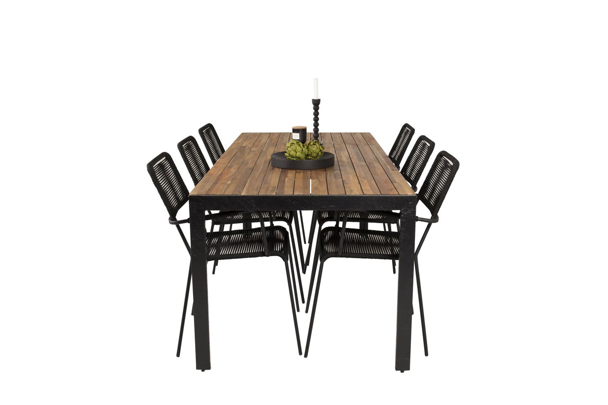 Gartentischset mit Tisch aus Akazienholz und Stahlbeinen sowie stapelbaren Stühlen mit pulverbeschichteter Oberfläche in Schwarz und Holz.