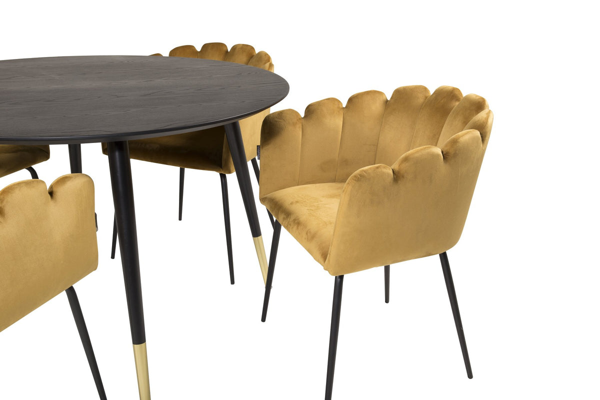 Rundes Esszimmerset mit schwarzer MDF-Tischplatte auf Stahlbeinen und gelben Stühlen mit schwarz pulverbeschichtetem Stahlgestell.