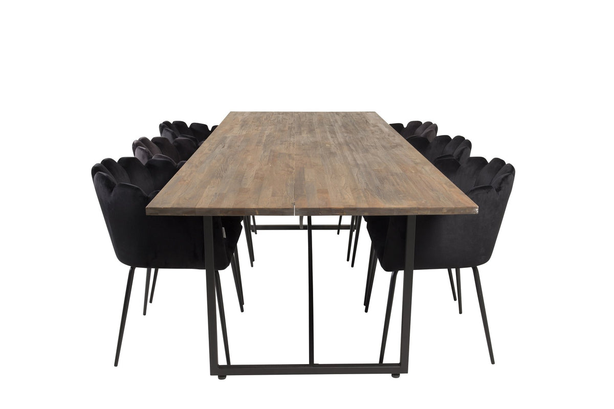 Padang Esstisch mit Teak-Platte und Stahlbeinen, kombiniert mit schwarzen Limhamn Stühlen aus Stahl und Polyester-Samt-Bezug.