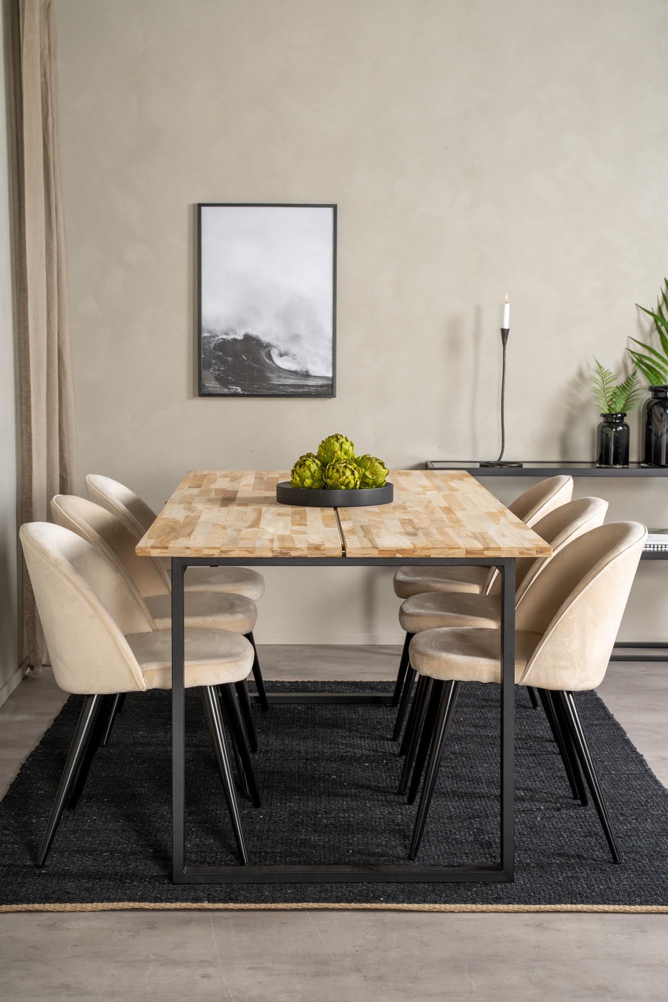 Cirebon Esszimmerset + Velvet 200cm/6St. in Beige, Schwarz präsentiert im Onlineshop von KAQTU Design AG. Esszimmerset ist von Venture Home