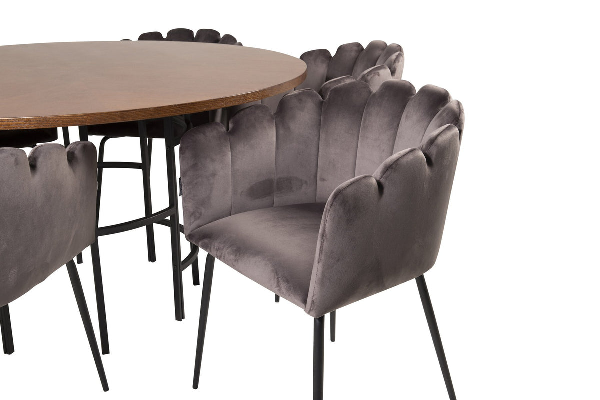 Rundes Esszimmerset Copenhagen von Venture Home mit Tisch aus MDF, Stahl und Furnier sowie Stühlen mit schwarzer Pulverbeschichtung.