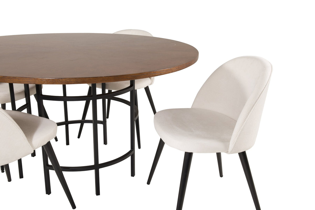 Esstisch Copenhagen mit brauner MDF-Furnier-Platte, Stahlbeinen und cremefarbenen Velvet-Stühlen mit schwarzem, pulverbeschichtetem Gestell.