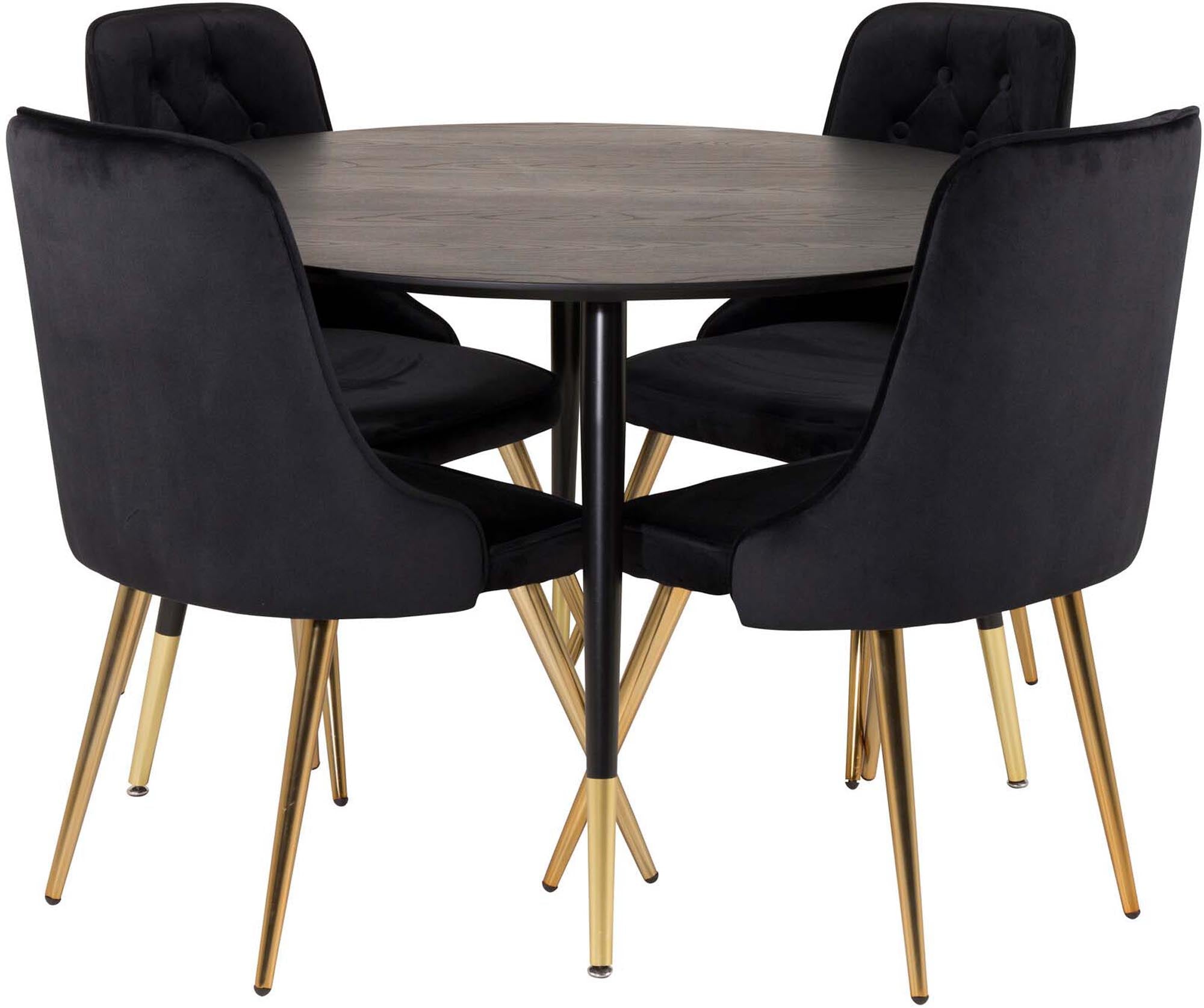 Elegantes Dipp Esszimmerset mit runden Tisch und luxuriösen Velvet-Stühlen. Perfekt für gesellige Abende und stilvolle Esszimmer.