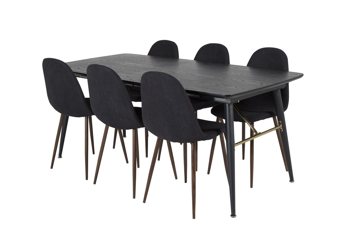 Schwarzer Esstisch Gold mit MDF-Platte und Stahlbeinen, kombiniert mit Polar Stühlen aus Stahlgestell, ausgezogen auf 220 cm Länge.