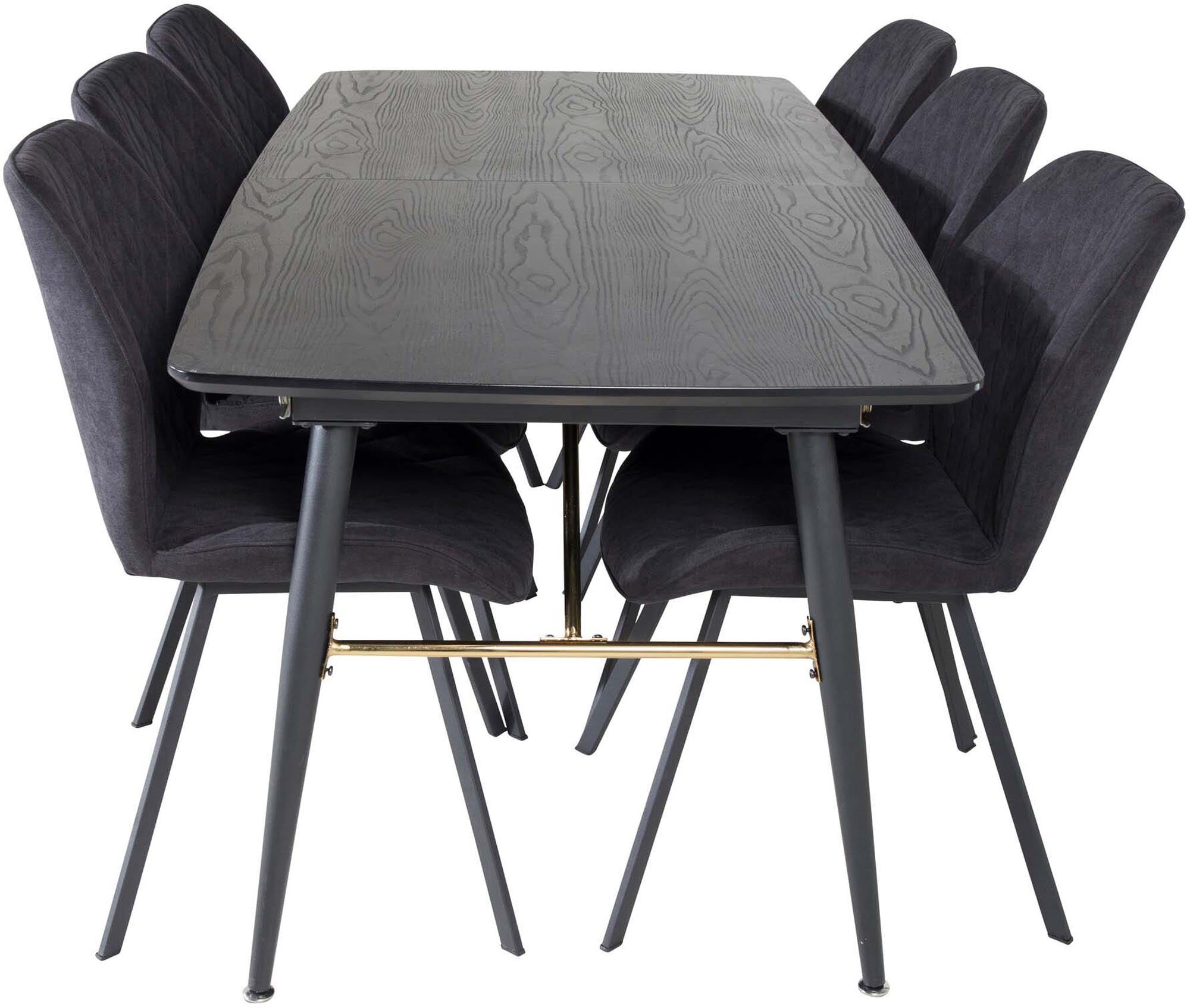 Elegantes, ausziehbares Gold Esszimmerset von Venture Home mit 180 cm Tisch und 6 komfortablen Gemma-Stühlen für gesellige Anlässe.