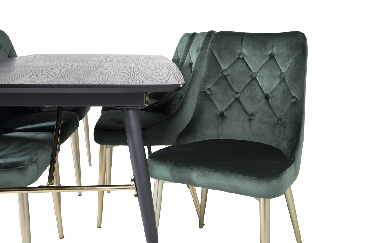 Rechteckiger Esstisch mit schwarzer MDF-Tischplatte und Stahlbeinen, dazu zwei grüne Velvet-Esszimmerstühle mit Messing-Pulverbeschichtung.