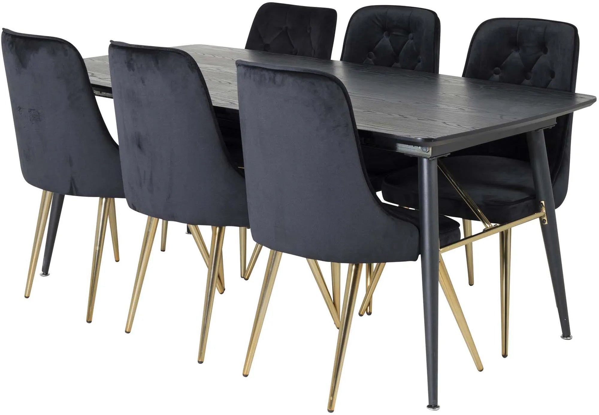Luxuriöses Esszimmerset mit ausziehbarem Tisch und Samtstühlen.
