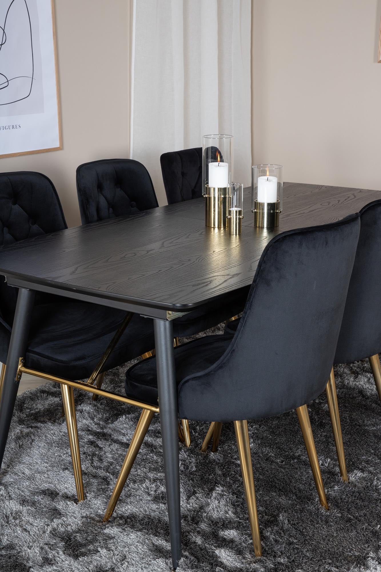 Gold Esszimmerset ausziehbar + Velvet Deluxe 180cm/6St. in Schwarz / Gold präsentiert im Onlineshop von KAQTU Design AG. Esszimmerset ist von Venture Home