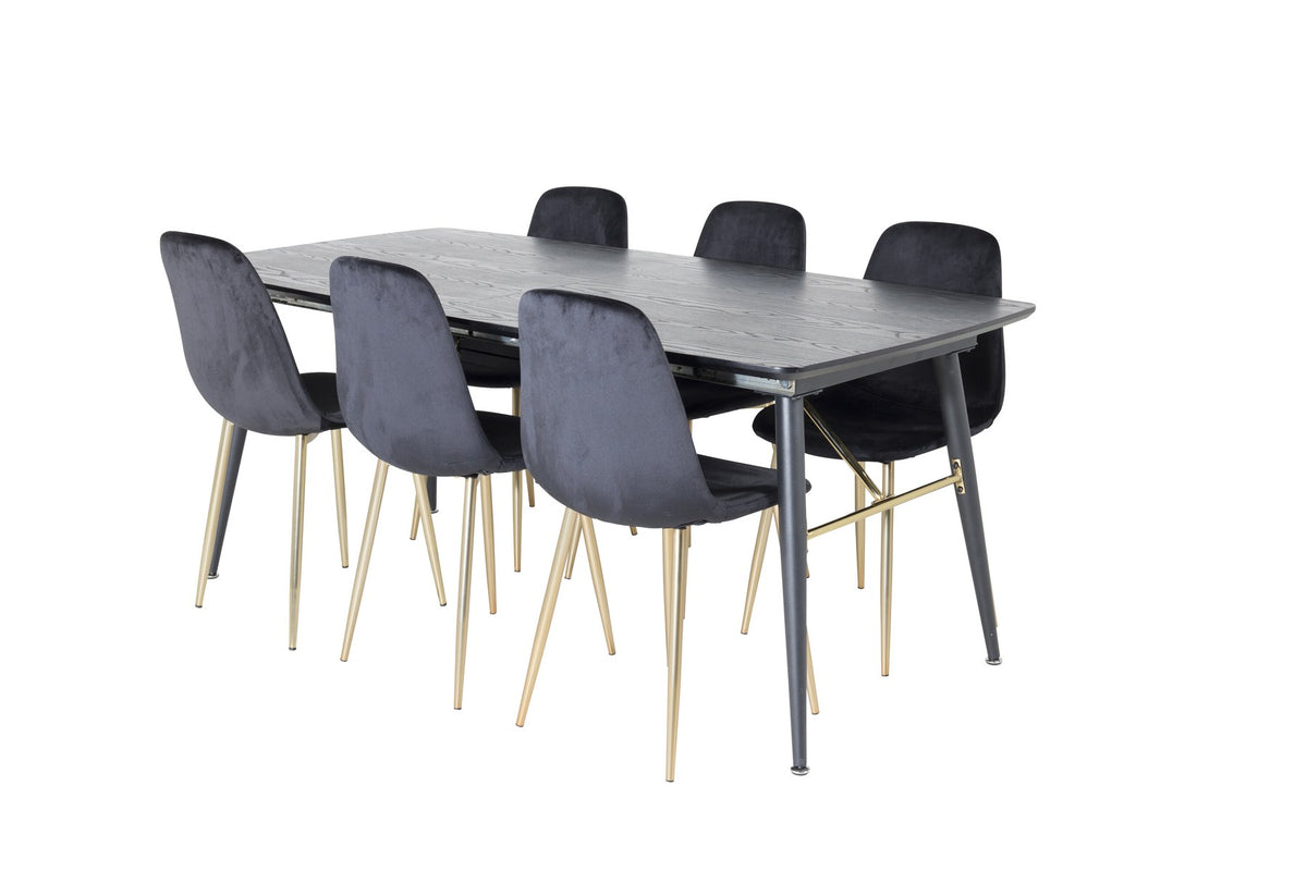 Rechteckiger Esstisch mit schwarzer MDF-Tischplatte und Stahlgestell, dazu zwei schwarze Esszimmerstühle mit gepolsterter Sitzfläche.
