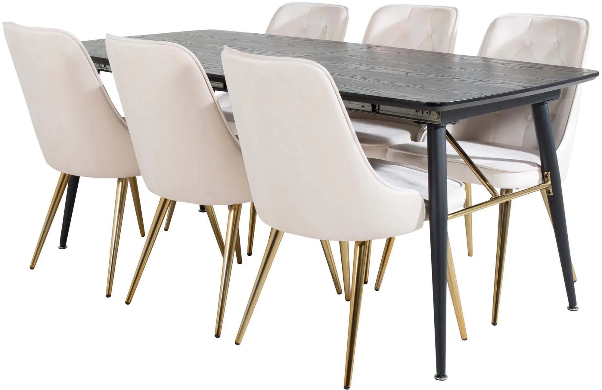 Luxuriöses Esszimmerset mit ausziehbarem Tisch und Samtstühlen.