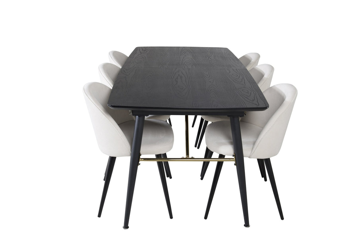 Rechteckiger Esstisch mit schwarzer MDF-Platte und Stahlbeinen, daneben zwei gepolsterte Esszimmerstühle in Creme mit Stahlgestell.