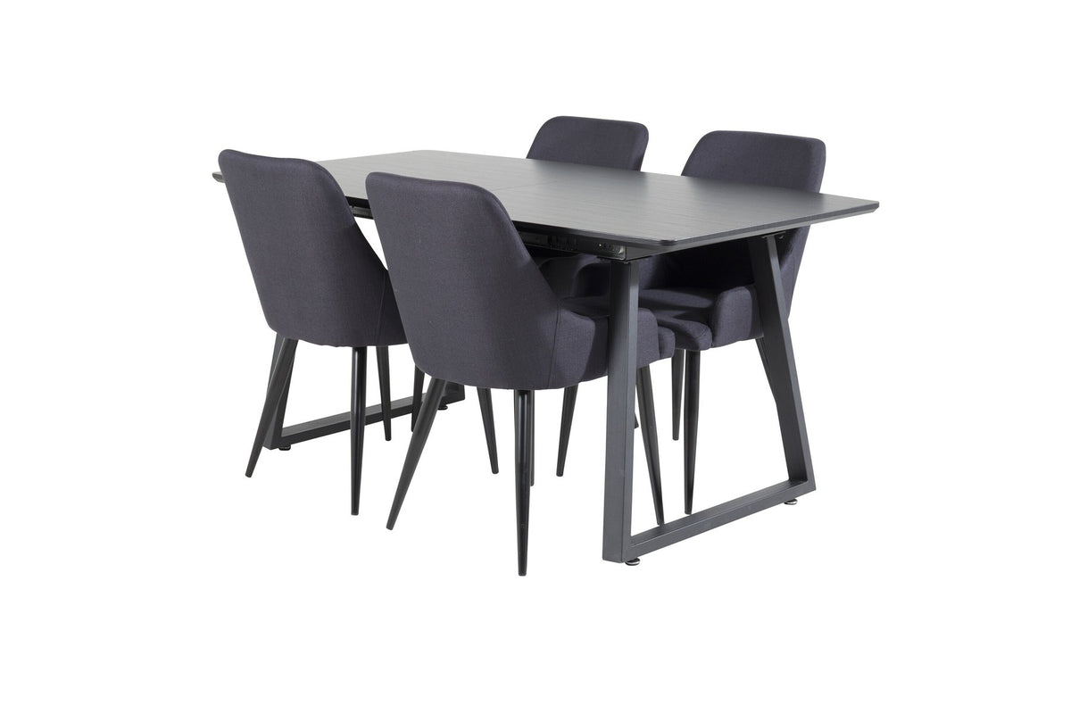 Schwarzes Esszimmerset aus MDF und Stahl: rechteckiger Esstisch 160x85 cm und zwei gepolsterte Stühle mit pulverbeschichtetem Stahlgestell.