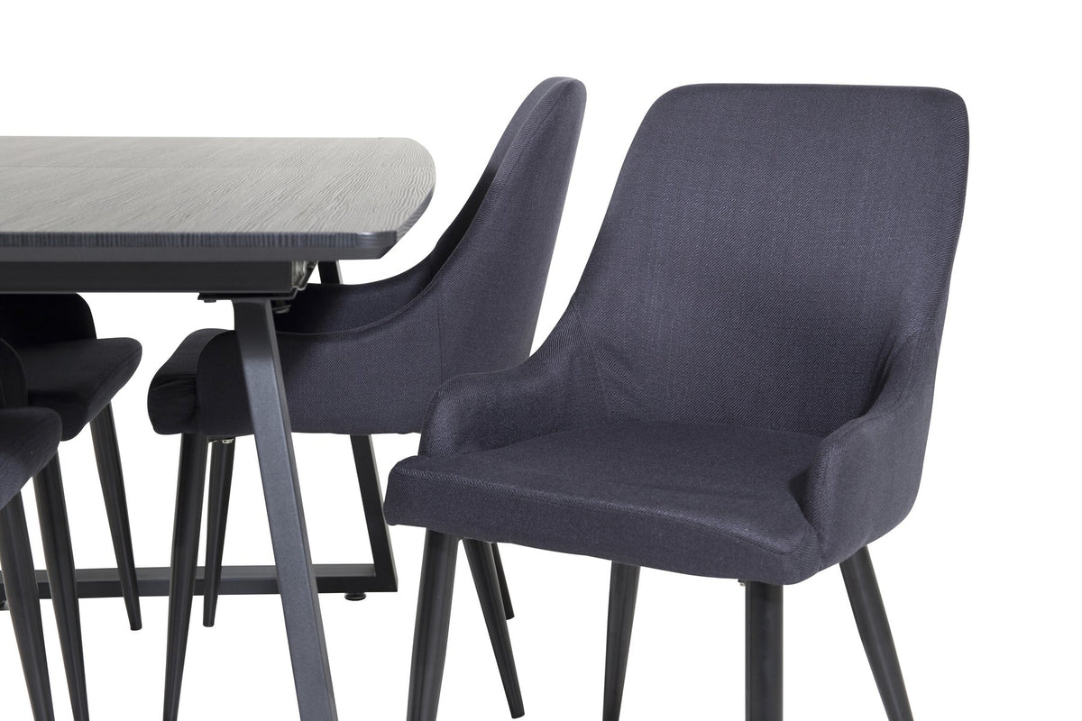 Schwarzes Esszimmerset aus MDF und Stahl: rechteckiger Esstisch 160x85 cm und zwei gepolsterte Stühle mit pulverbeschichtetem Stahlgestell.