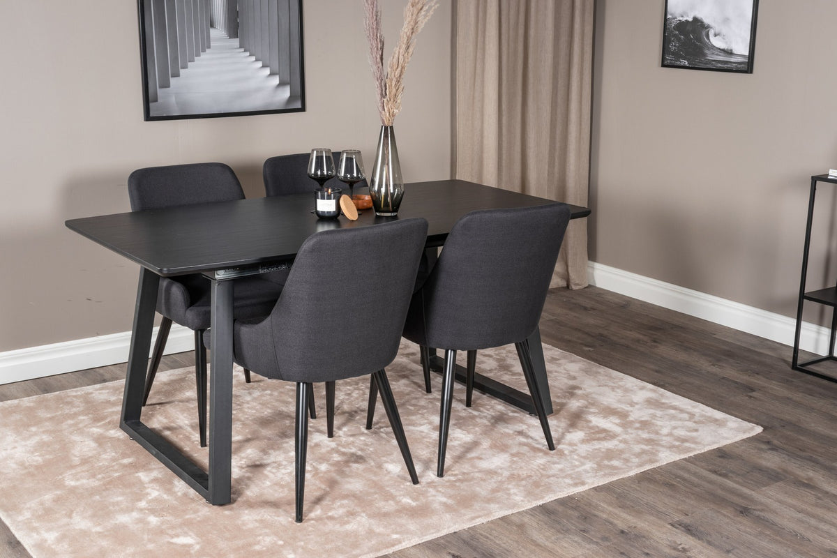 Schwarzes Esszimmerset aus MDF und Stahl: rechteckiger Esstisch 160x85 cm und zwei gepolsterte Stühle mit pulverbeschichtetem Stahlgestell.