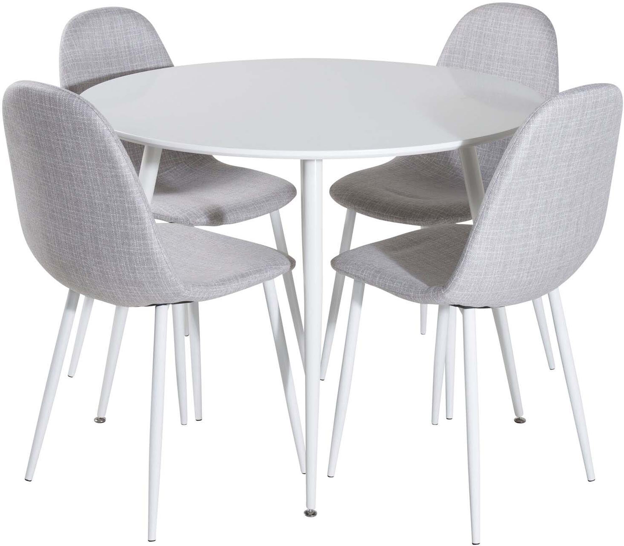 Stilvolles Plaza Esszimmerset mit rundem 100 cm Tisch und 4 eleganten Samtstühlen Polar für gemütliche Essrunden und luxuriöse Atmosphäre.