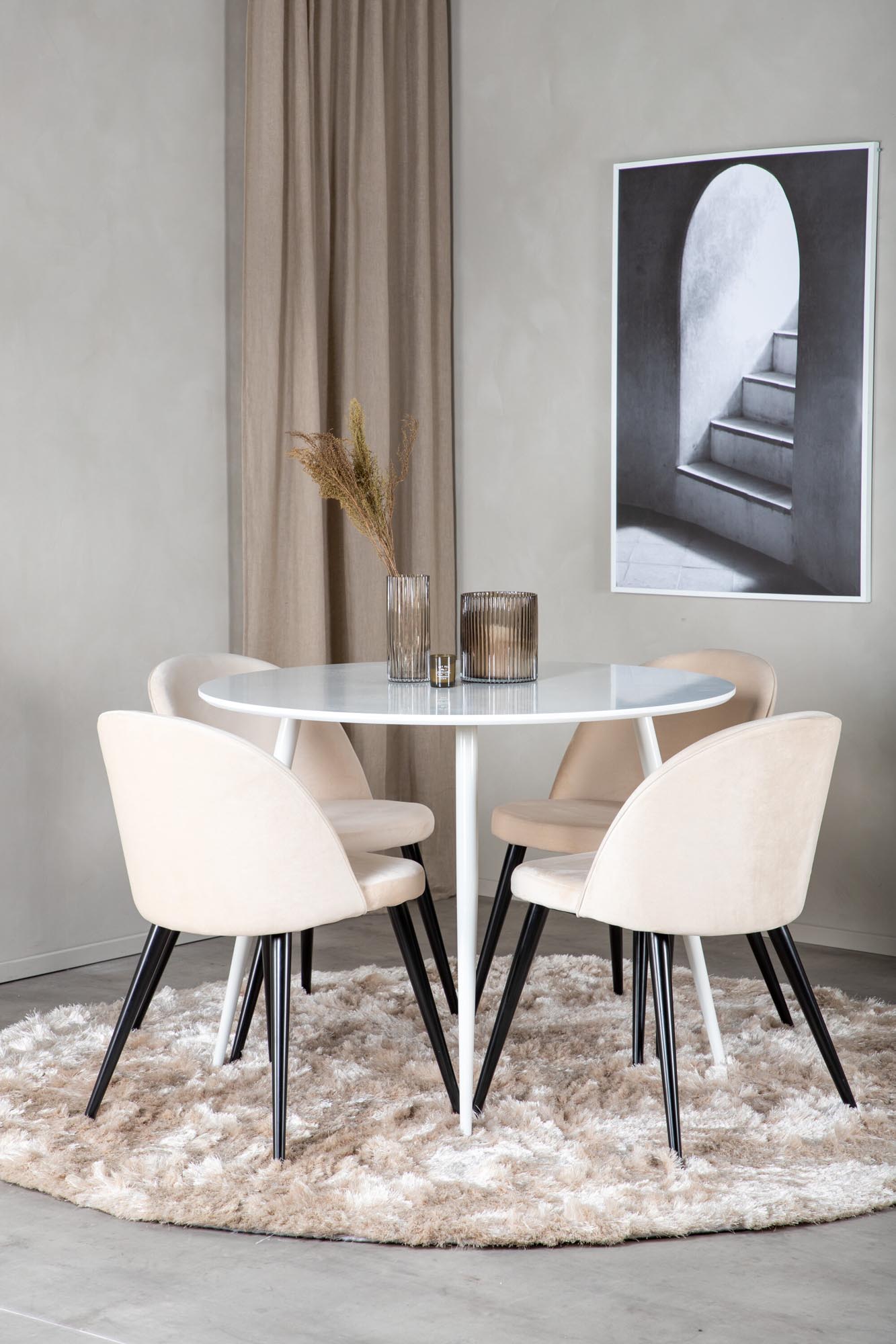 Plaza Esszimerset + Velvet ⌀100cm/4St. in Weiss / Beige /  Schwarz präsentiert im Onlineshop von KAQTU Design AG. Esszimmerset ist von Venture Home