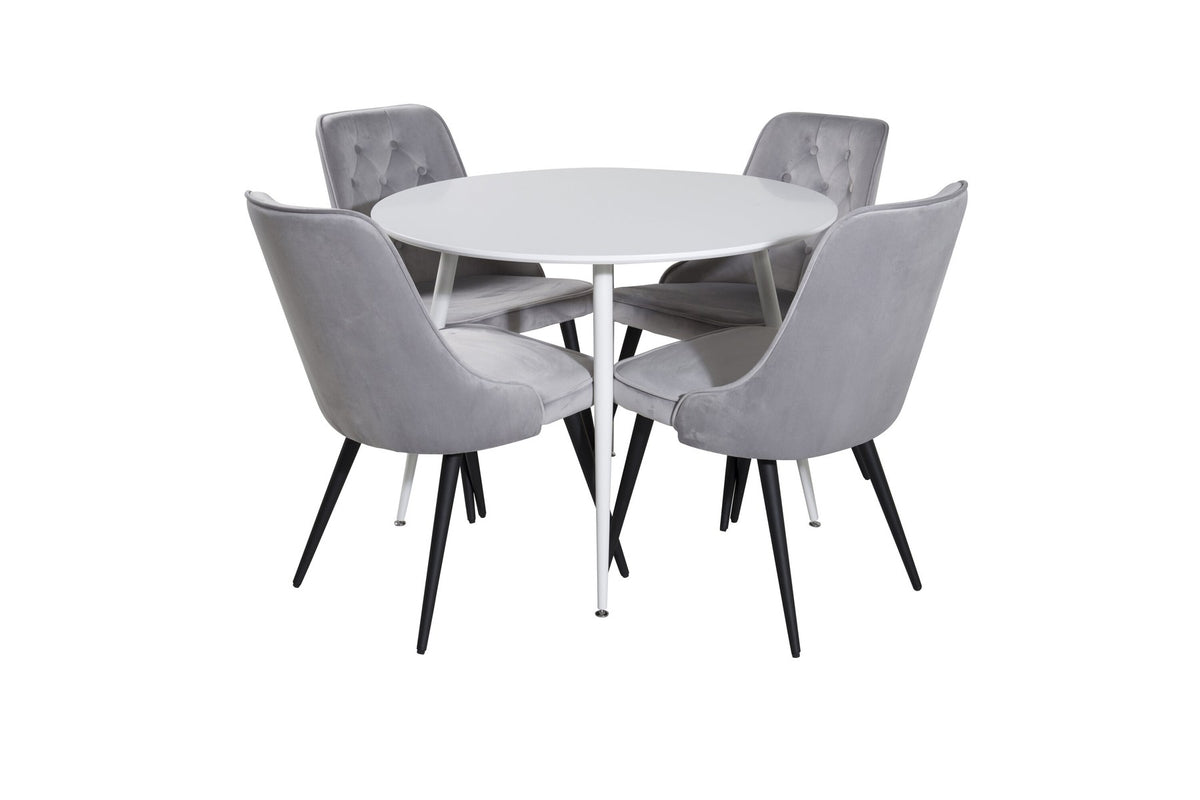 Plaza Bartischset: Hoher Esstisch mit weisser MDF-Tischplatte auf Stahlbeinen, dazu Velvet Deluxe Stühle mit schwarz pulverbeschichtetem Gestell.
