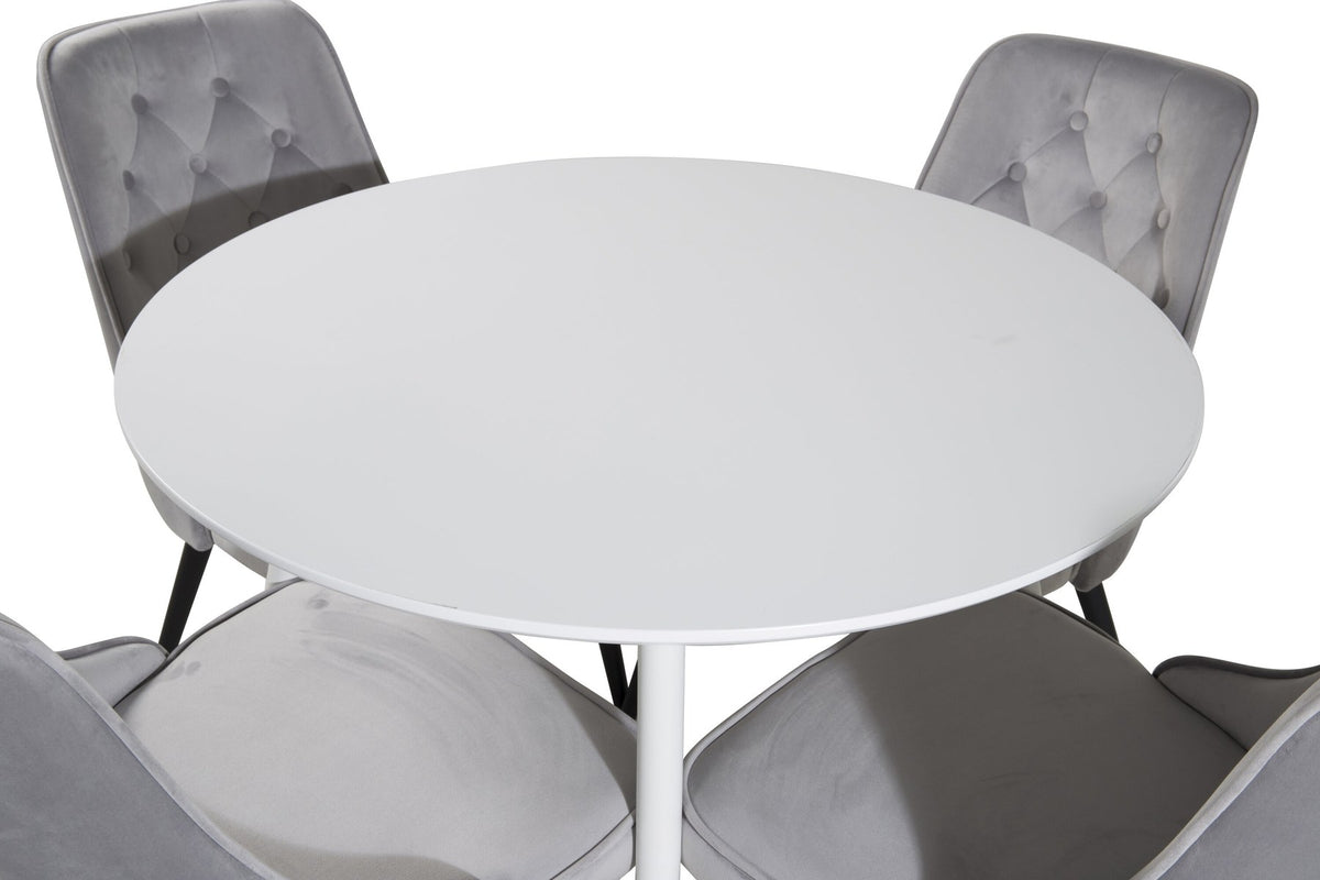 Plaza Bartischset: Hoher Esstisch mit weisser MDF-Tischplatte auf Stahlbeinen, dazu Velvet Deluxe Stühle mit schwarz pulverbeschichtetem Gestell.