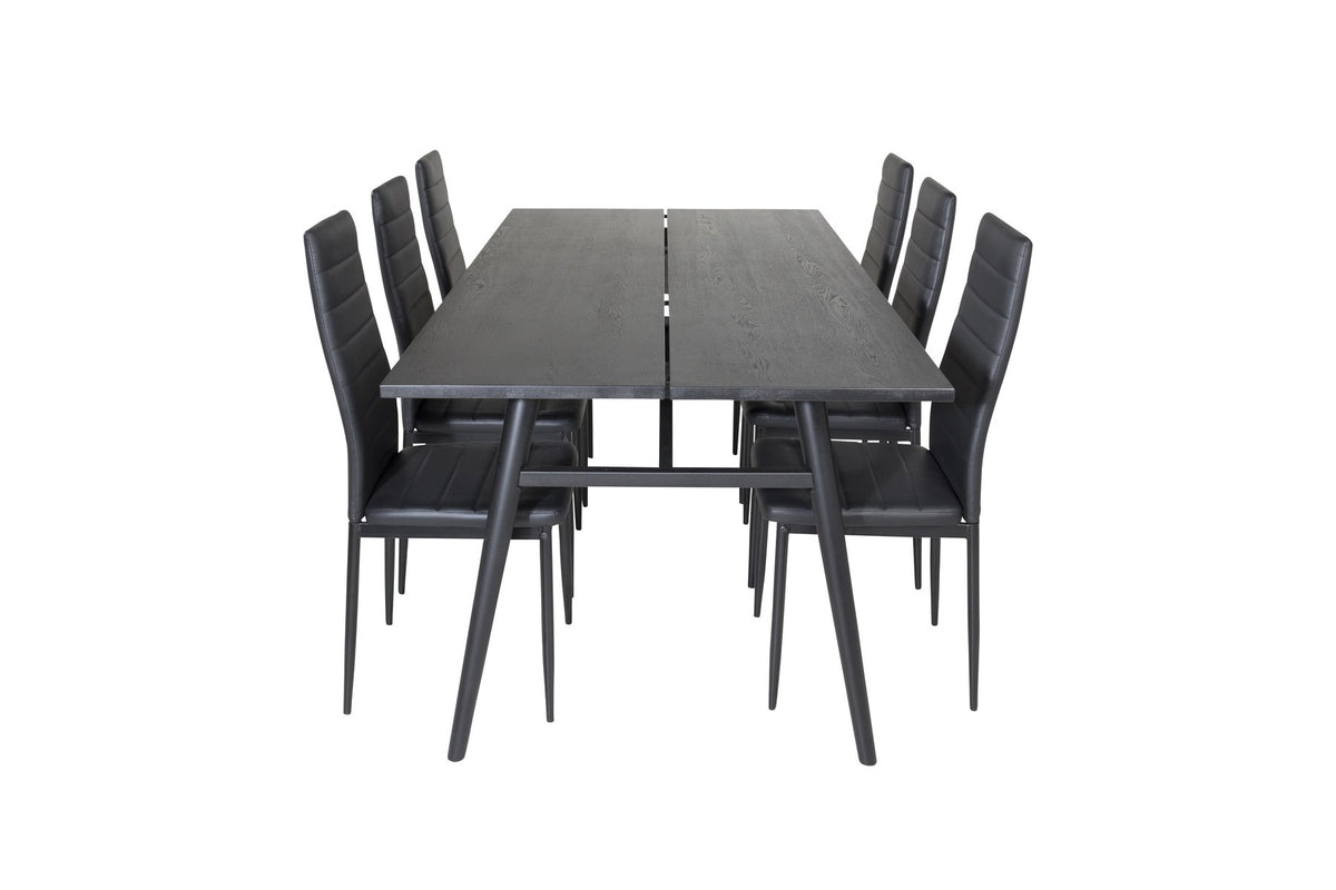 Rechteckiger Esstisch mit schwarzer Eichenplatte und Stahlbeinen, dazu zwei Stühle mit schwarz pulverbeschichtetem Gestell, Esszimmerset von Venture Home.