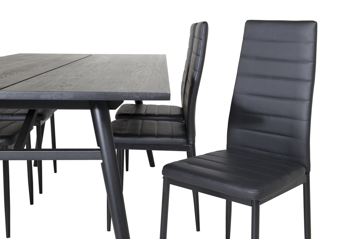 Rechteckiger Esstisch mit schwarzer Eichenplatte und Stahlbeinen, dazu zwei Stühle mit schwarz pulverbeschichtetem Gestell, Esszimmerset von Venture Home.