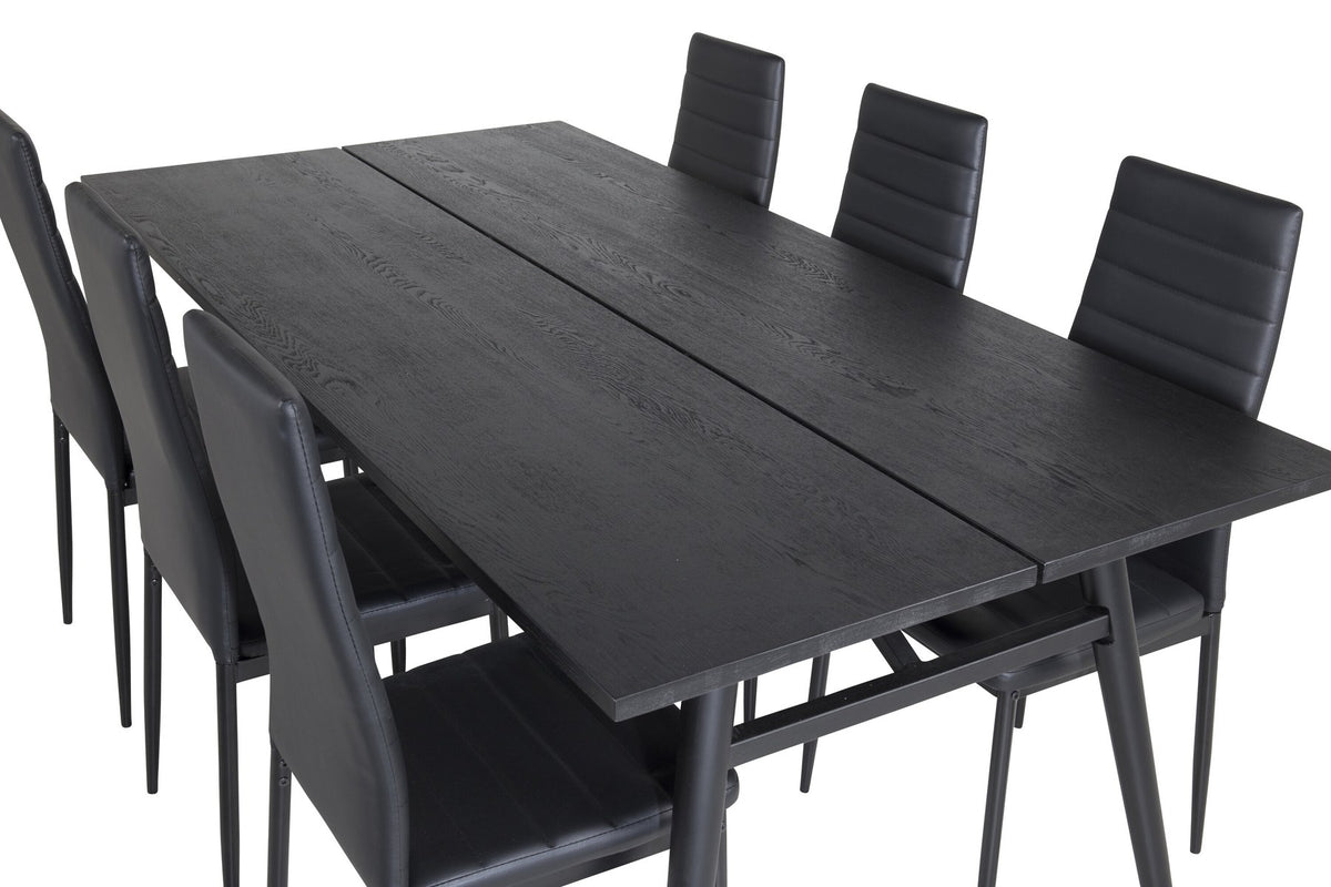 Rechteckiger Esstisch mit schwarzer Eichenplatte und Stahlbeinen, dazu zwei Stühle mit schwarz pulverbeschichtetem Gestell, Esszimmerset von Venture Home.