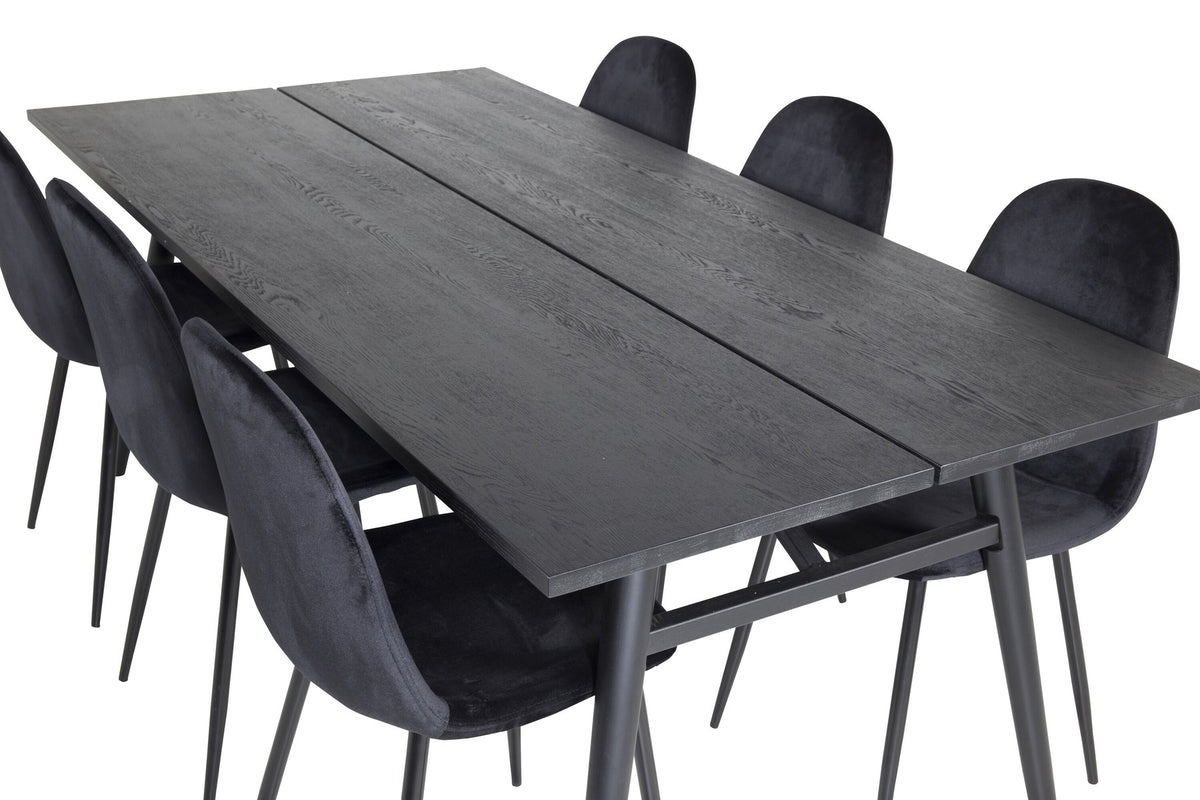 Esszimmerset Sleek & Polar: ausziehbarer Esstisch mit schwarzer Eichenplatte und Stahlbeinen, sechs Stühle mit schwarzem Samtbezug und Stahlgestell.