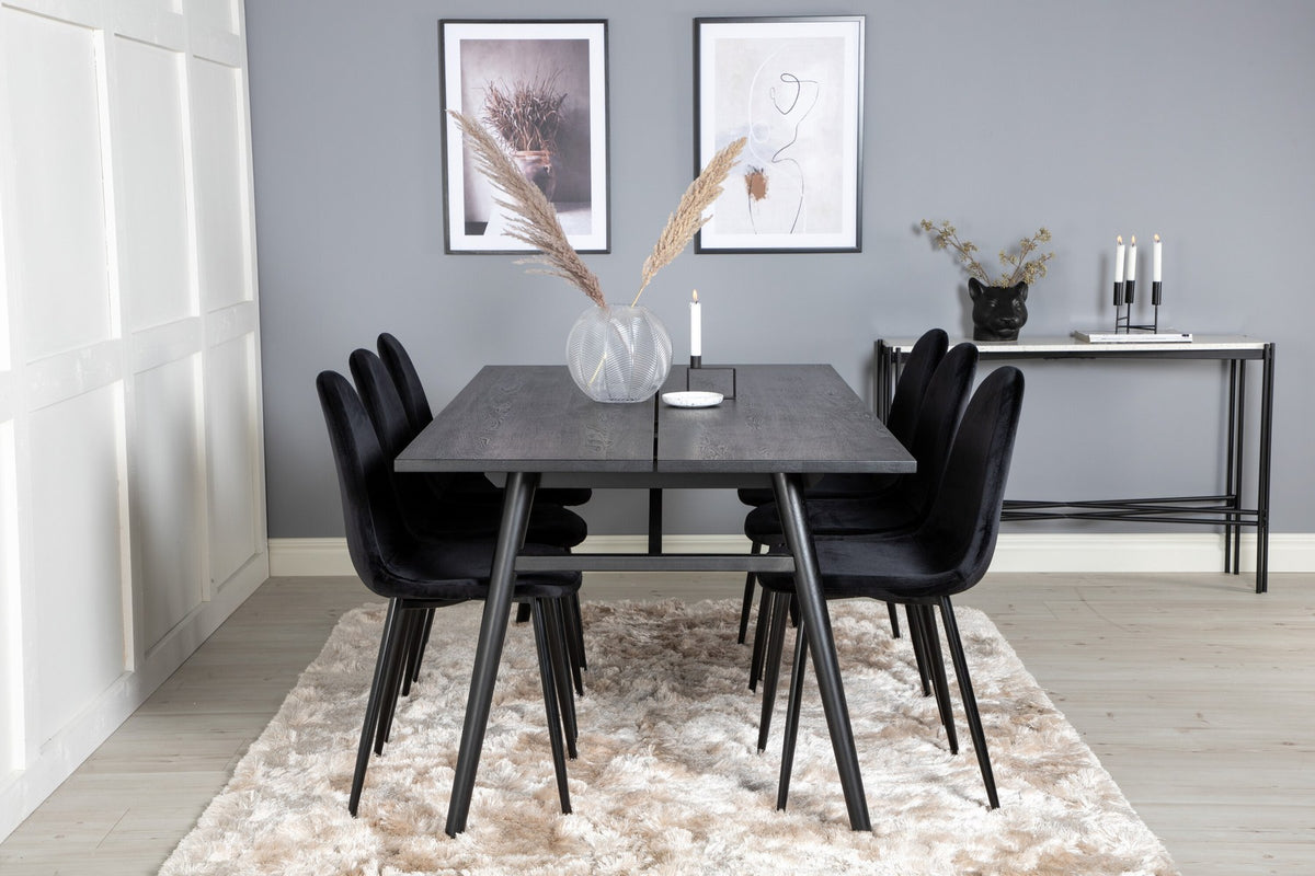Esszimmerset Sleek & Polar: ausziehbarer Esstisch mit schwarzer Eichenplatte und Stahlbeinen, sechs Stühle mit schwarzem Samtbezug und Stahlgestell.