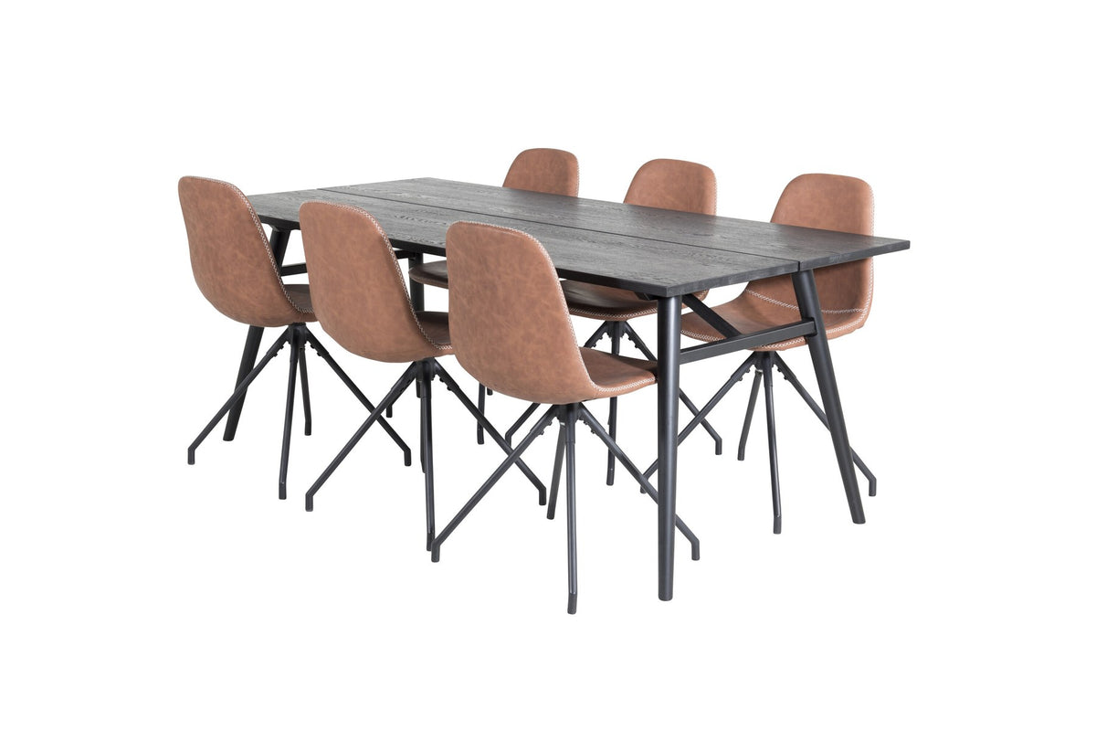 Esszimmerset Sleek & Polar: ausziehbarer Esstisch mit schwarzer Eichenplatte und Stahlbeinen, sechs Stühle mit schwarzem Samtbezug und Stahlgestell.