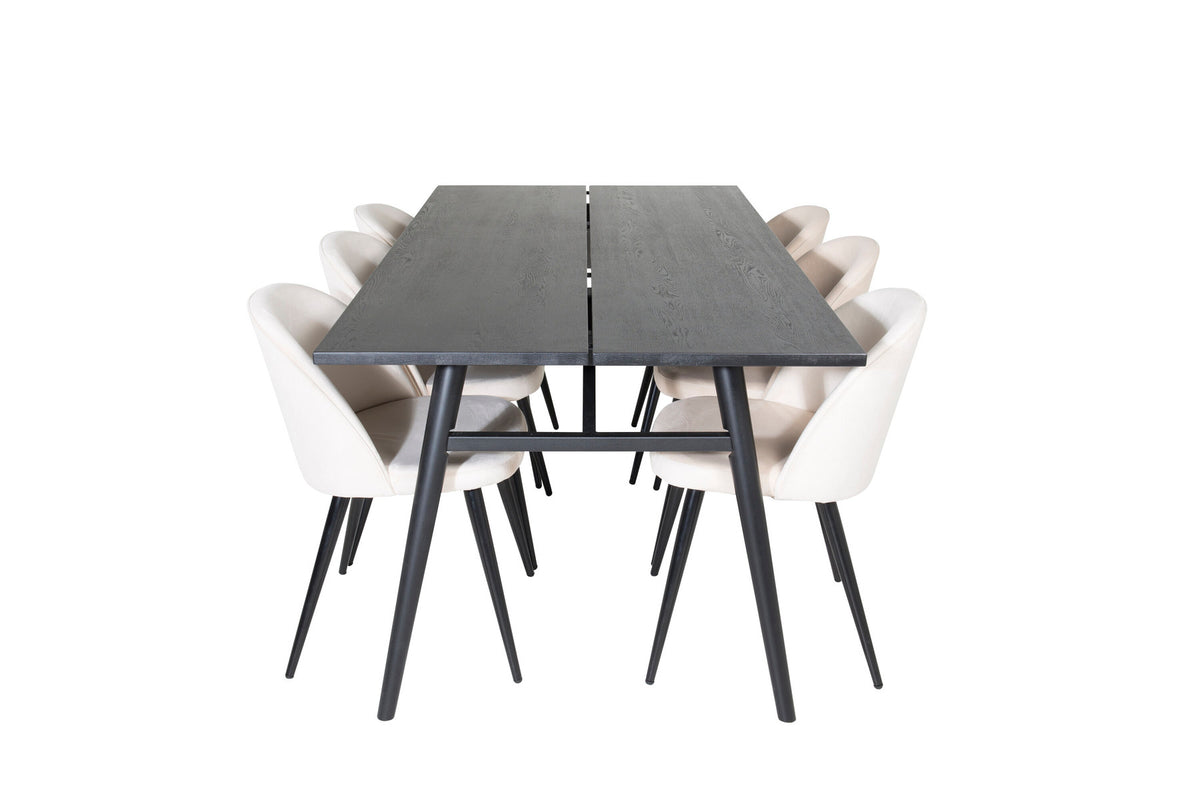 Esszimmerset Sleek & Velvet mit rechteckigem schwarzem Eichentisch und zwei beigen Stühlen