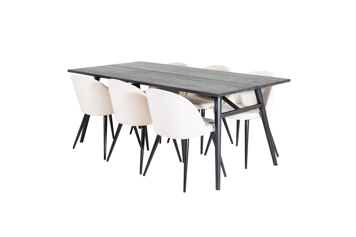 Esszimmerset Sleek & Velvet mit rechteckigem schwarzem Eichentisch und zwei beigen Stühlen