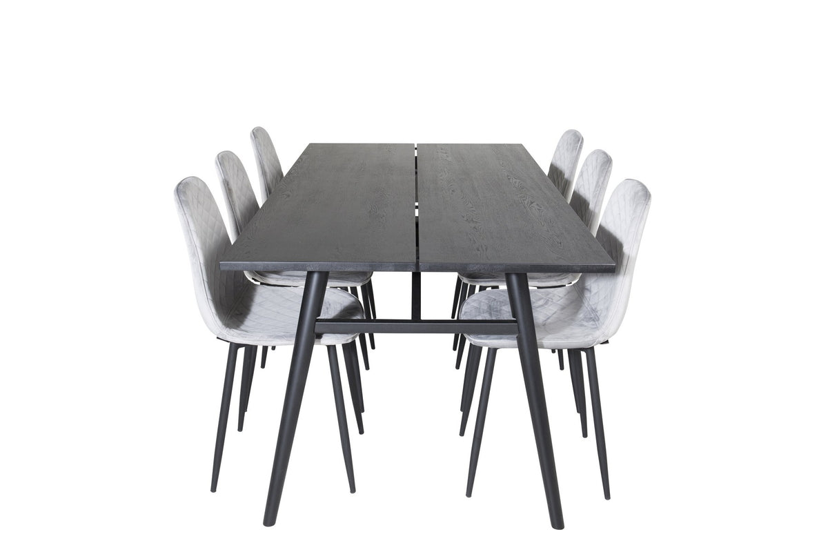 Esszimmerset Sleek & Polar: ausziehbarer Esstisch mit schwarzer Eichenplatte und Stahlbeinen, sechs Stühle mit schwarzem Samtbezug und Stahlgestell.